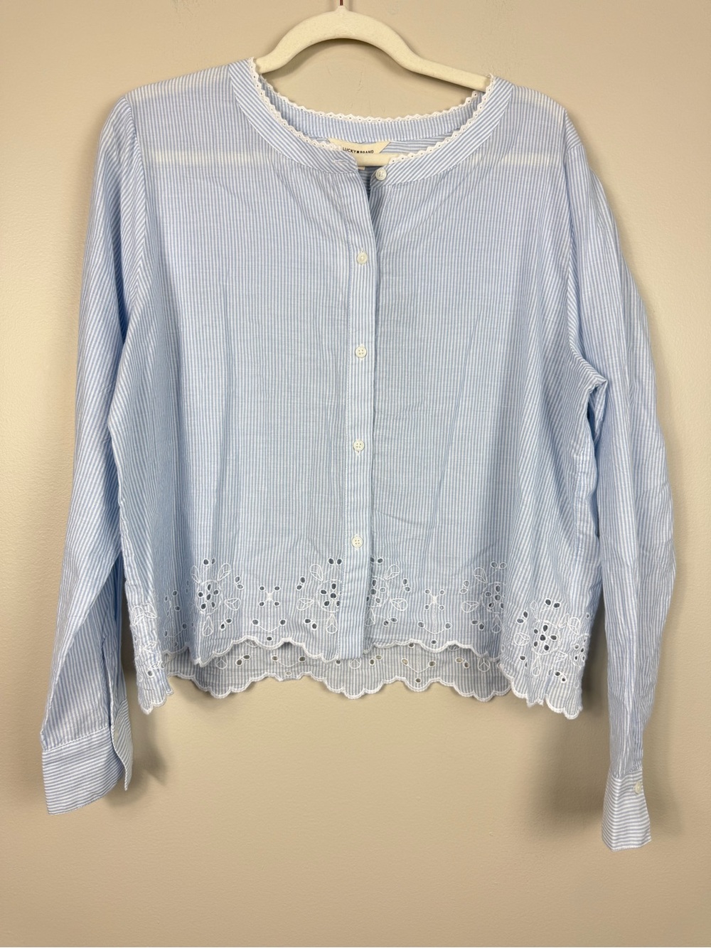 Lucky Brand Top Womens Large Blue Stripe Button Front Eylet Trim Cottage Coastal